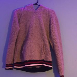 Grey fluffy hoodie with red and white stripes